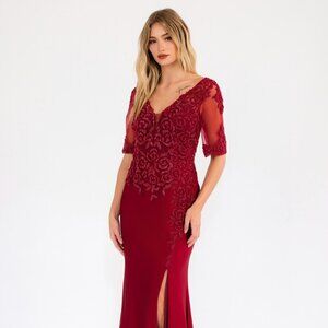 New Burgundy Beads Embellished Long Mother Of Bride Gown w/ 3/4 Sleeves JTM15L